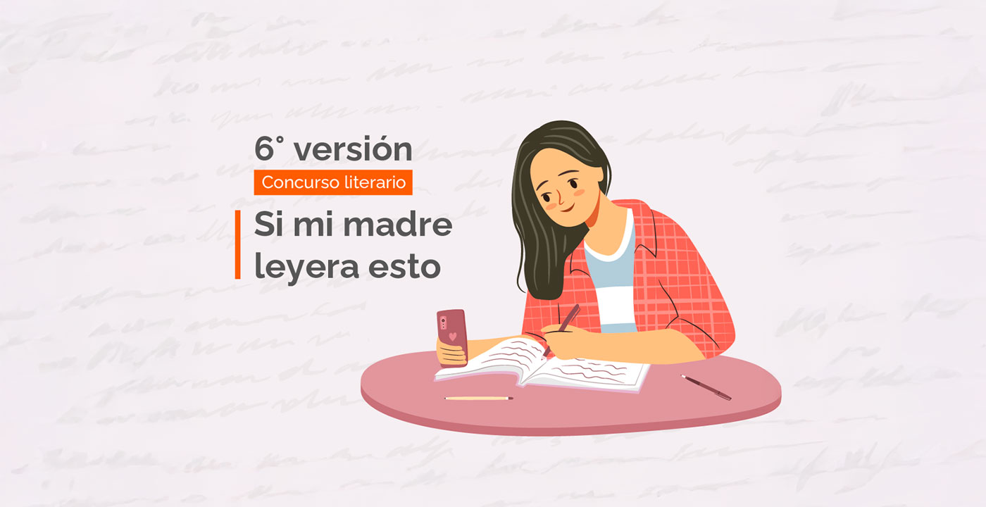 Ilustración de una joven con camisa de cuadros escribiendo en un cuaderno sobre una mesa redonda mientras sostiene su teléfono móvil